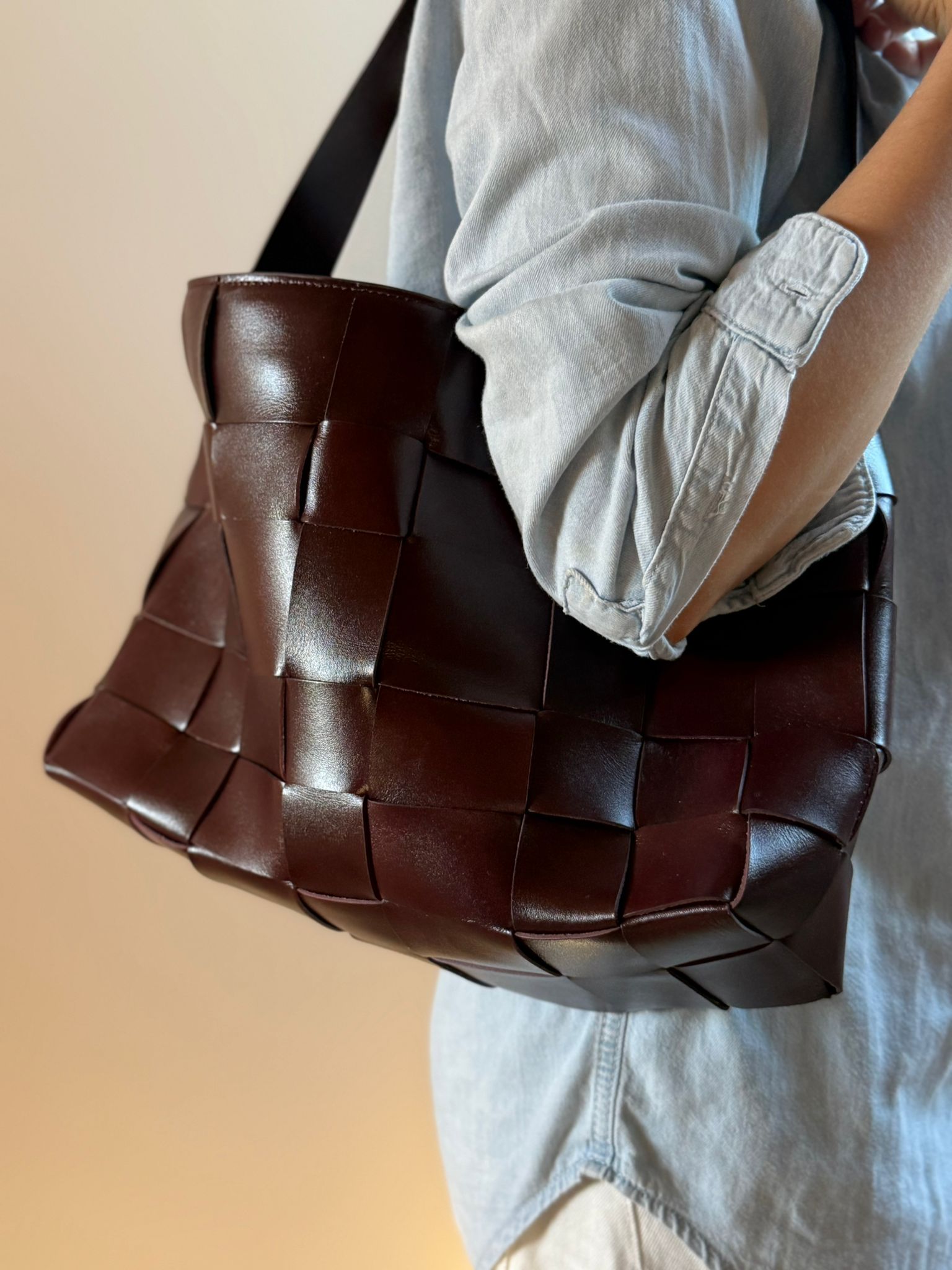 PRE-ORDER  East to West Woven Leather Tote. Please read description.