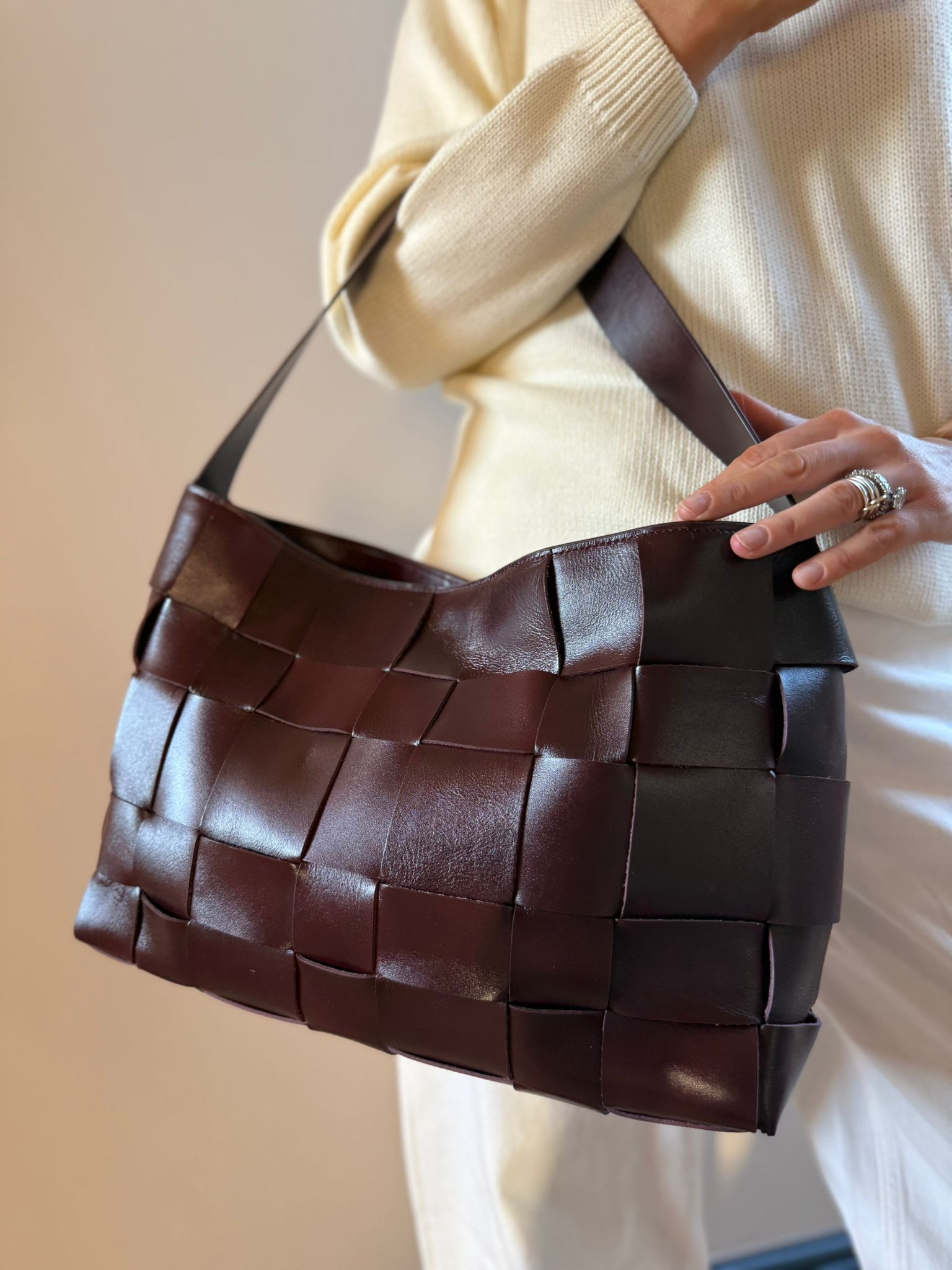 PRE-ORDER  East to West Woven Leather Tote. Please read description.