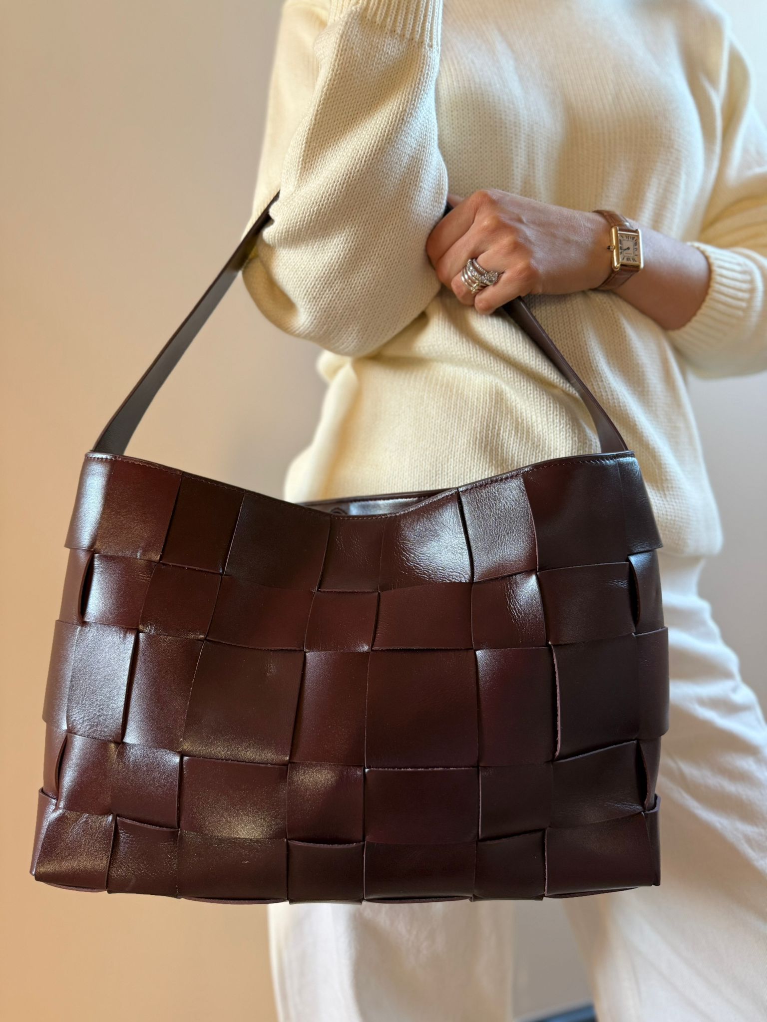 PRE-ORDER  East to West Woven Leather Tote. Please read description.
